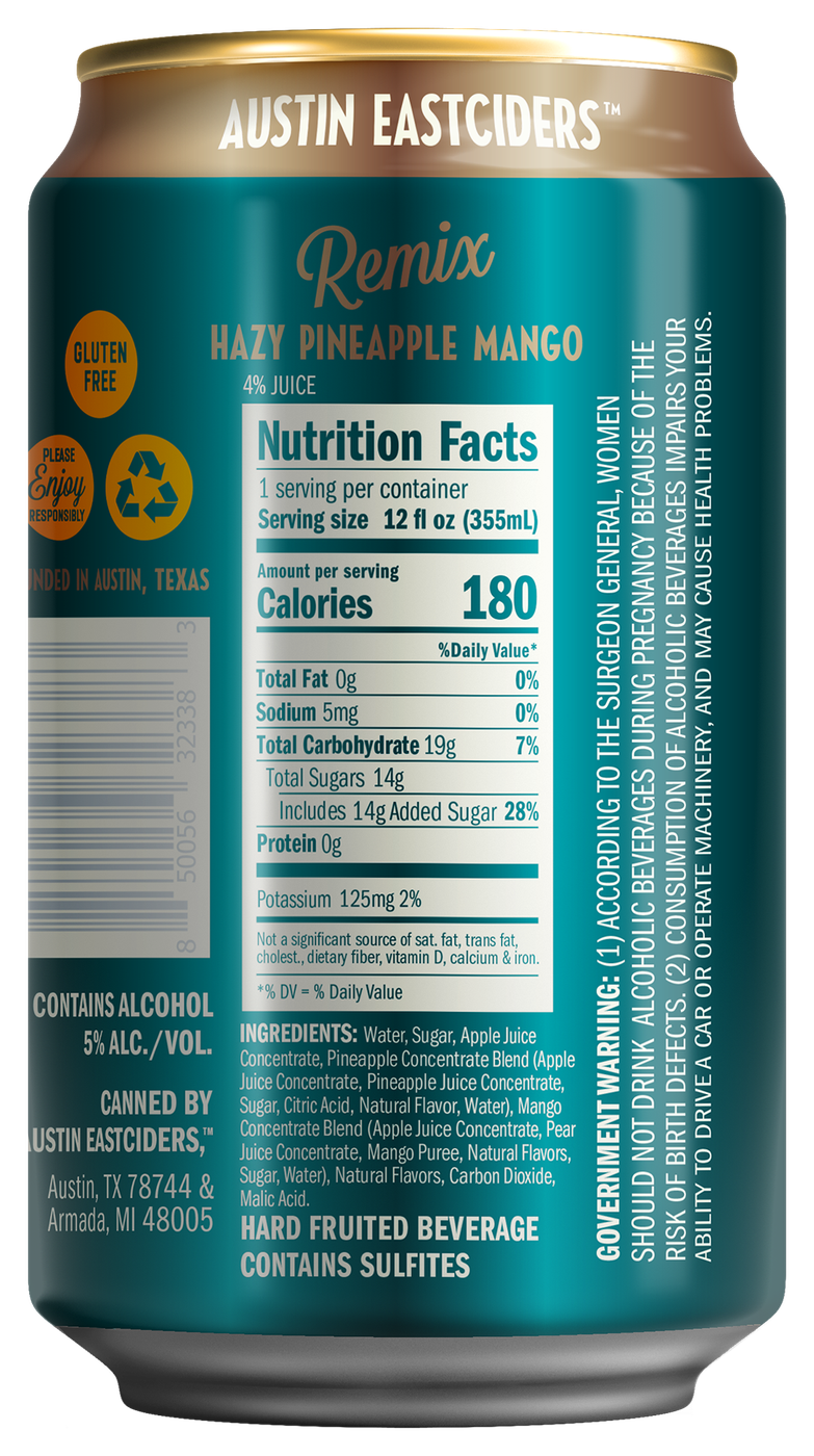 Austin Eastciders Hazy Pineapple Mango 12 oz can, back label