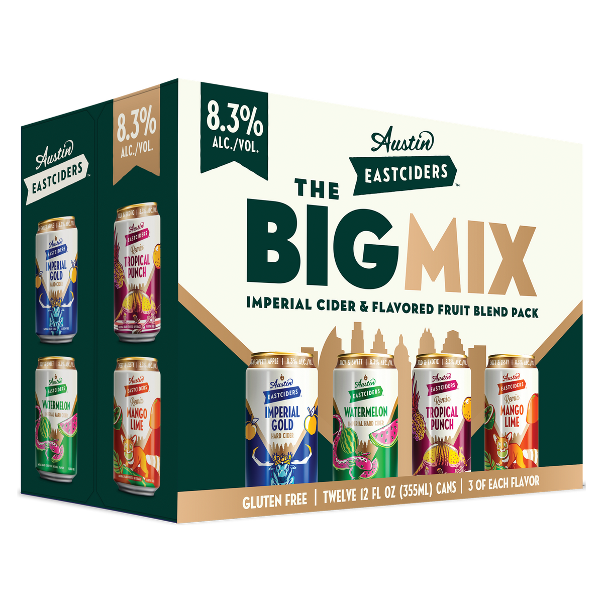 Austin Eastciders The Big Mix Variety Pack 12-pack carton, front and side